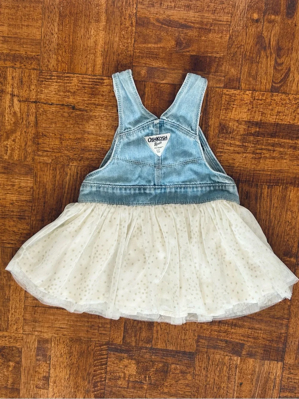 OshKosh B'gosh 18 Months Light Blue Denim Overall Dress with Ivory Tulle Skirt